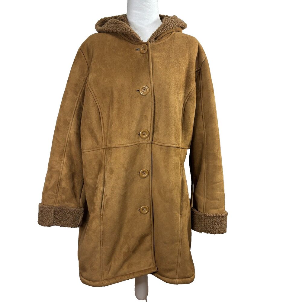 Very Veranesi Faux Suede Shearling Coat Brown Sherpa Lined Hooded Vintage 90s L